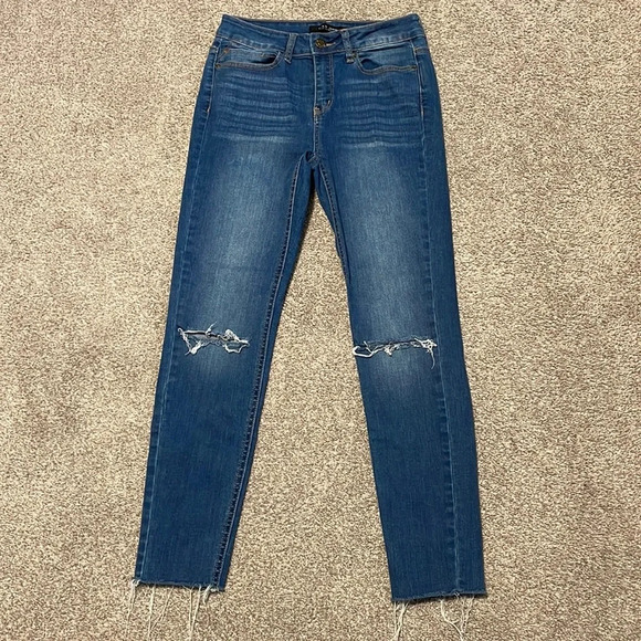 Wax Jean Stretch Skinny Raw Hem Distressed Holes in Knees 5 - Picture 1 of 14